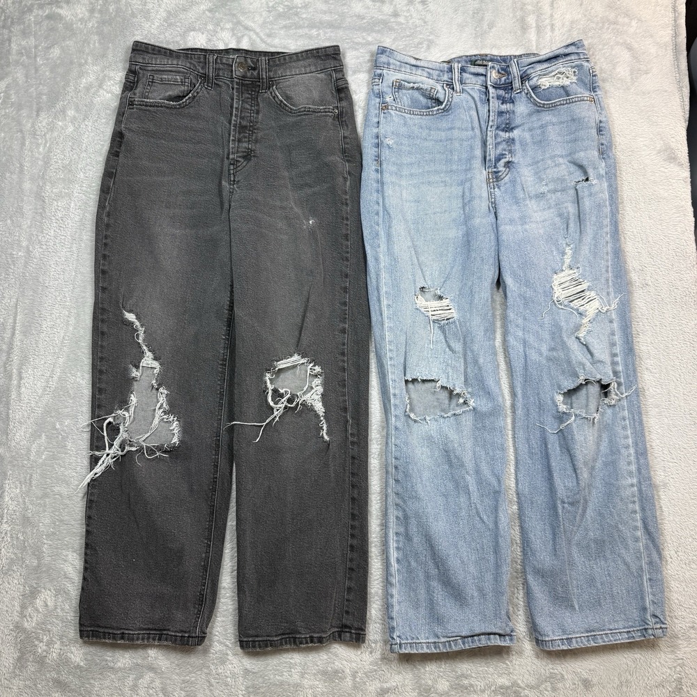 (2) Wild Fable Highest Rise Straight Jeans Womens 4 Black Blue Distressed‎ Denim